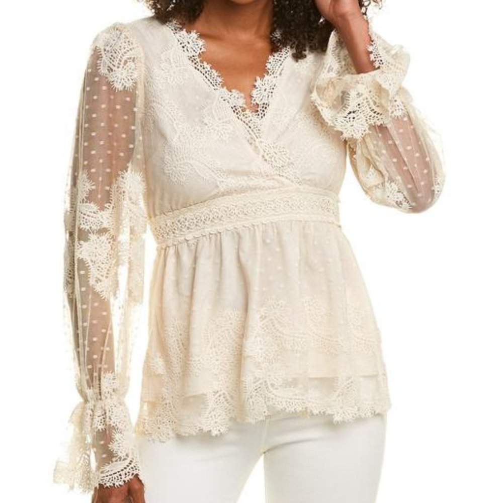 Champagne and Strawberry Cream Peplum Lace Blouse - Large